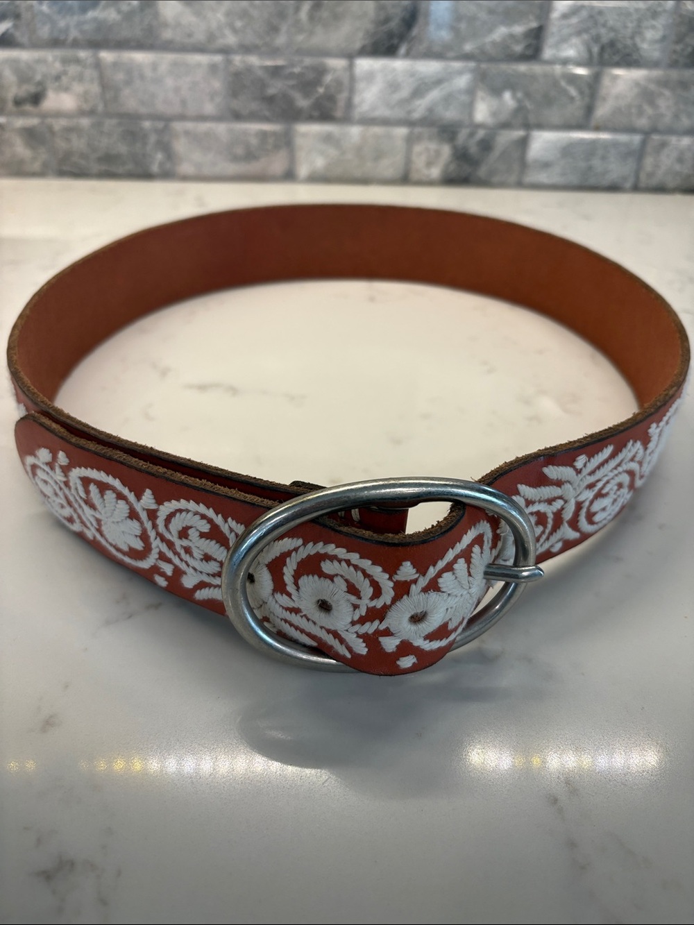 Lucky Brand Orange Leather Belt with White Floral Embroidery